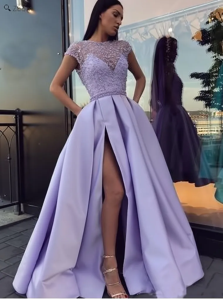 2024 Cap Sleeves Jewel Neck Side Slit Prom Dress with Beading Bodice