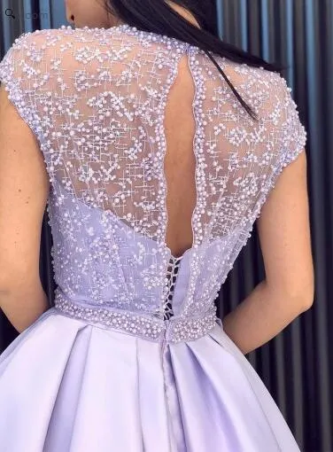 2024 Cap Sleeves Jewel Neck Side Slit Prom Dress with Beading Bodice