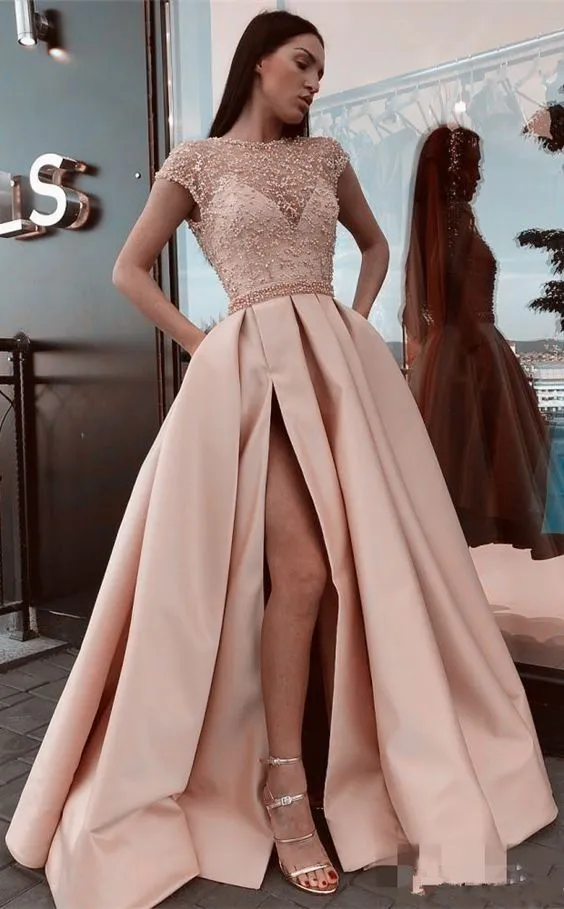 2024 Cap Sleeves Jewel Neck Side Slit Prom Dress with Beading Bodice