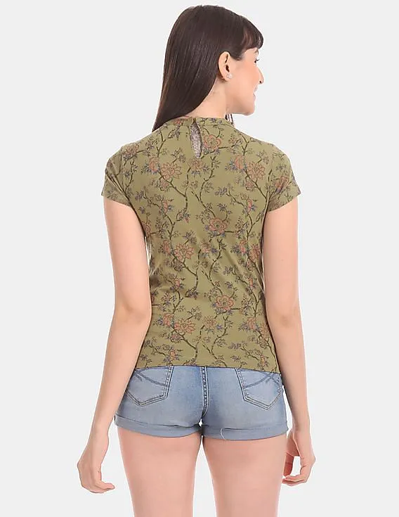 Aeropostale Green Jewel Neck Floral Print Top