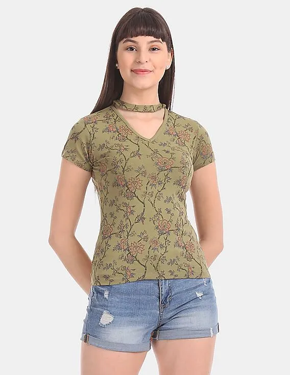 Aeropostale Green Jewel Neck Floral Print Top