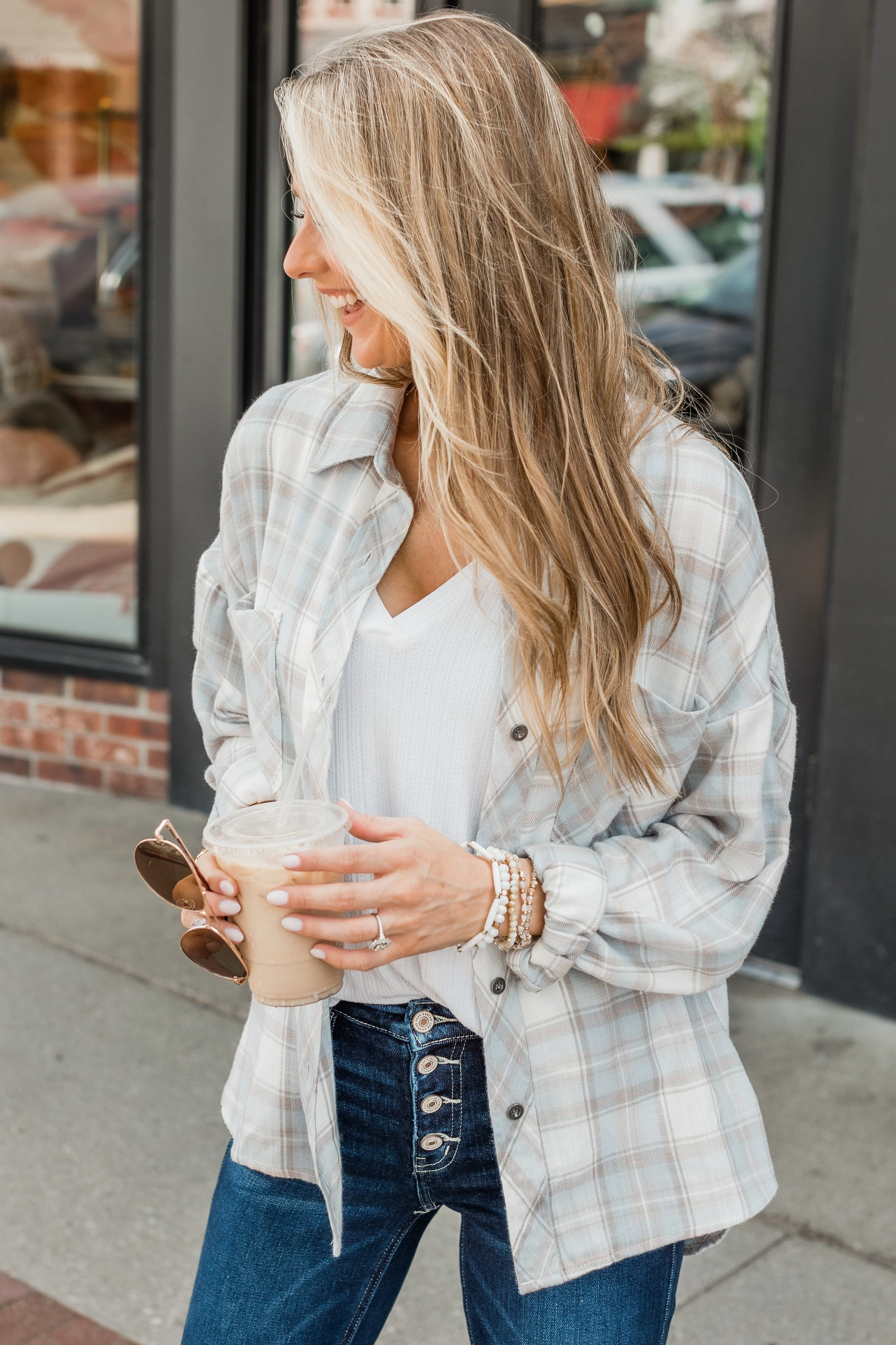 Aspen Adventures Plaid Button Top- Light Blue