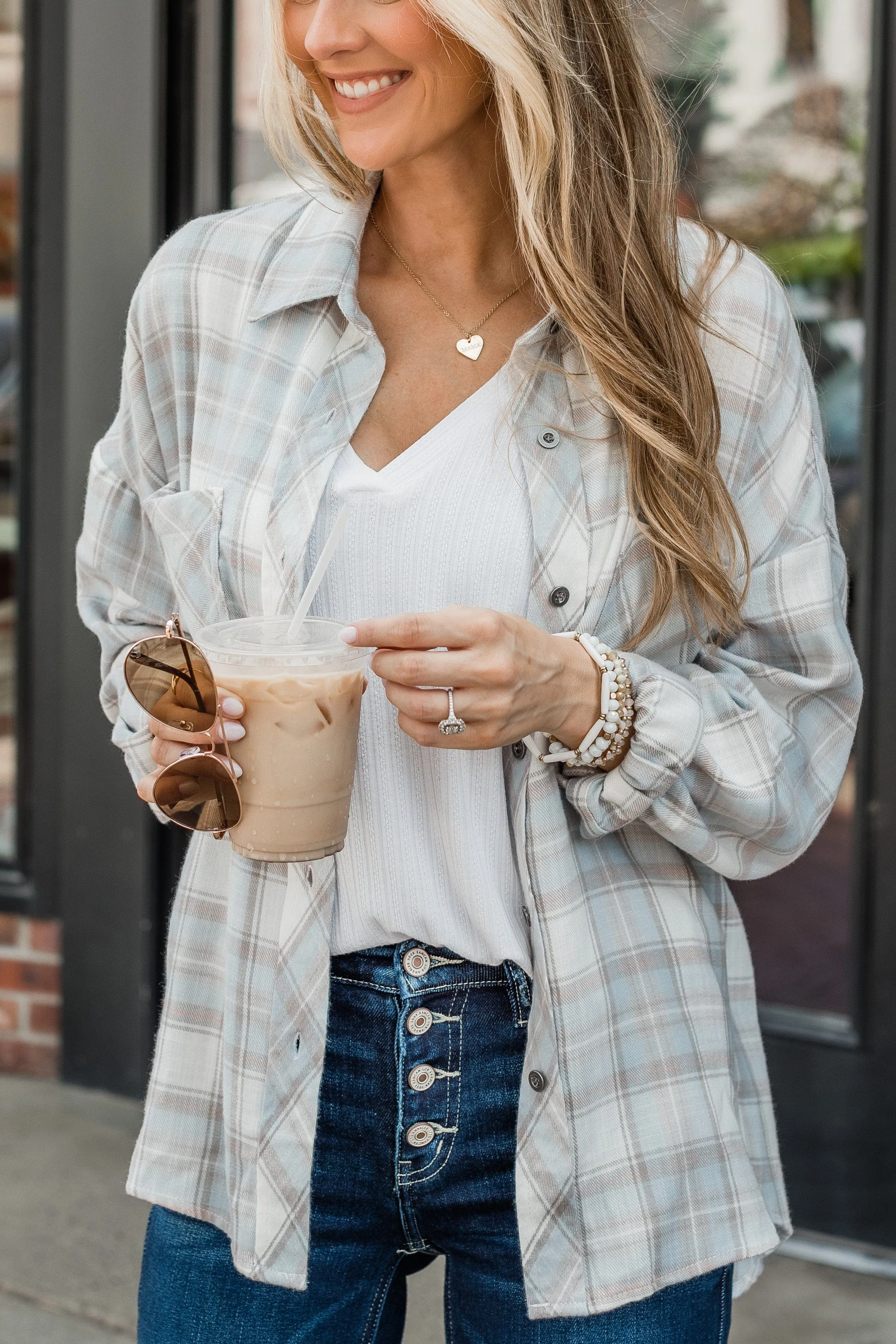 Aspen Adventures Plaid Button Top- Light Blue