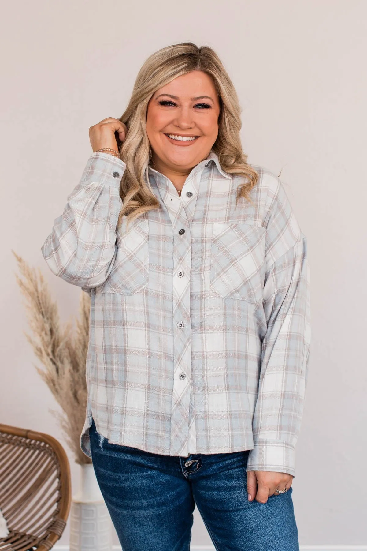 Aspen Adventures Plaid Button Top- Light Blue