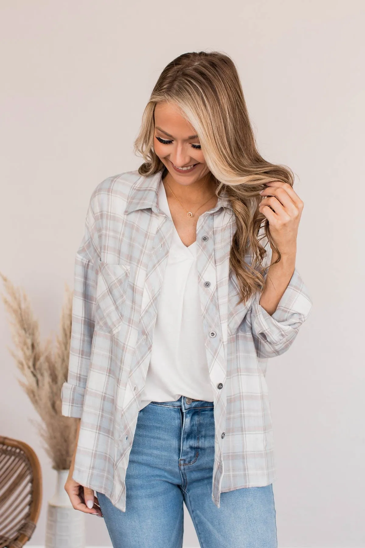 Aspen Adventures Plaid Button Top- Light Blue