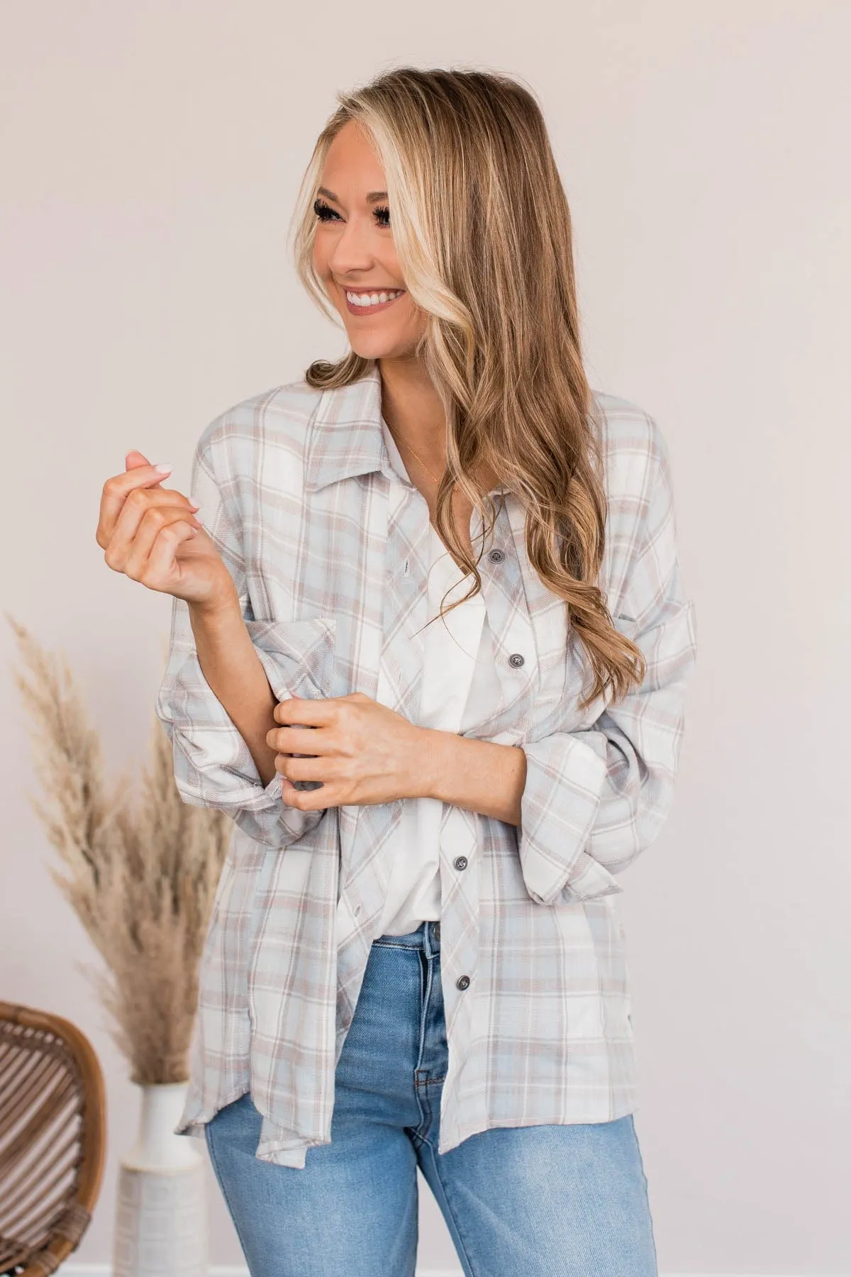 Aspen Adventures Plaid Button Top- Light Blue