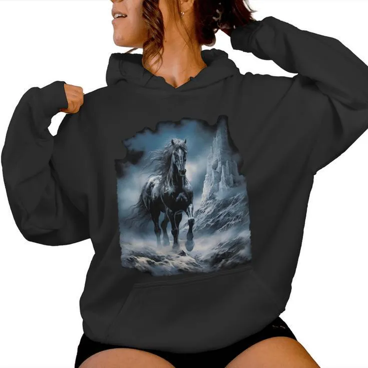 Beautiful Black Horse Running Through The Snow Women Hoodie