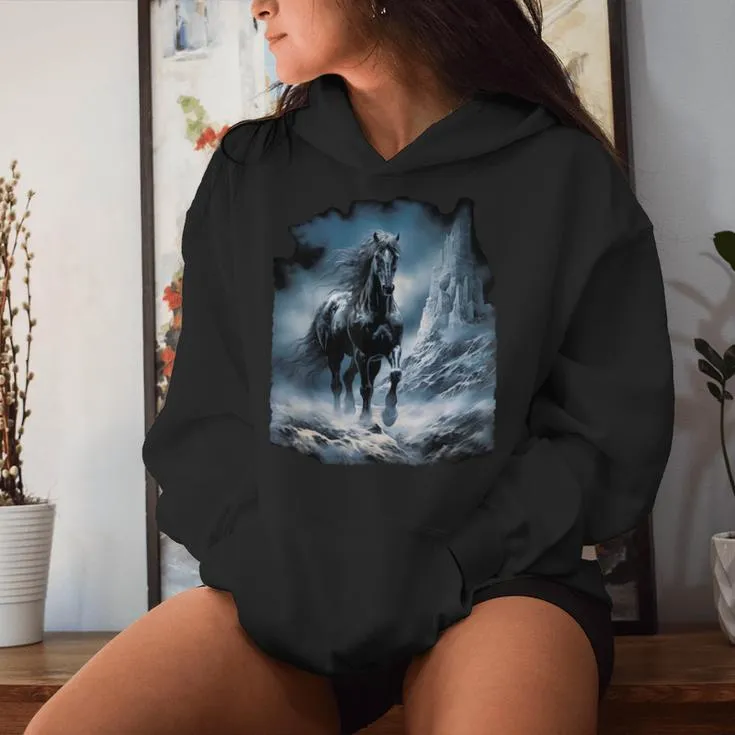 Beautiful Black Horse Running Through The Snow Women Hoodie