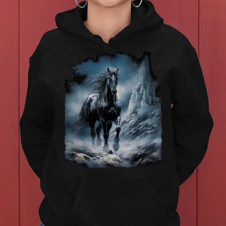 Beautiful Black Horse Running Through The Snow Women Hoodie