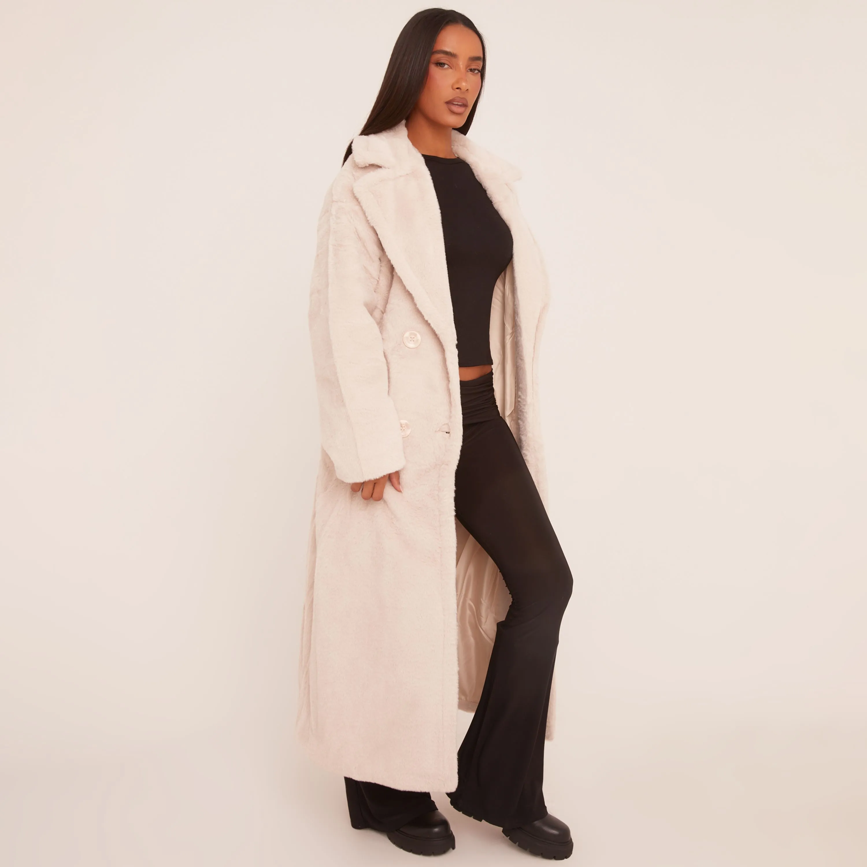 Belted Waist Maxi Coat In Cream Faux Fur