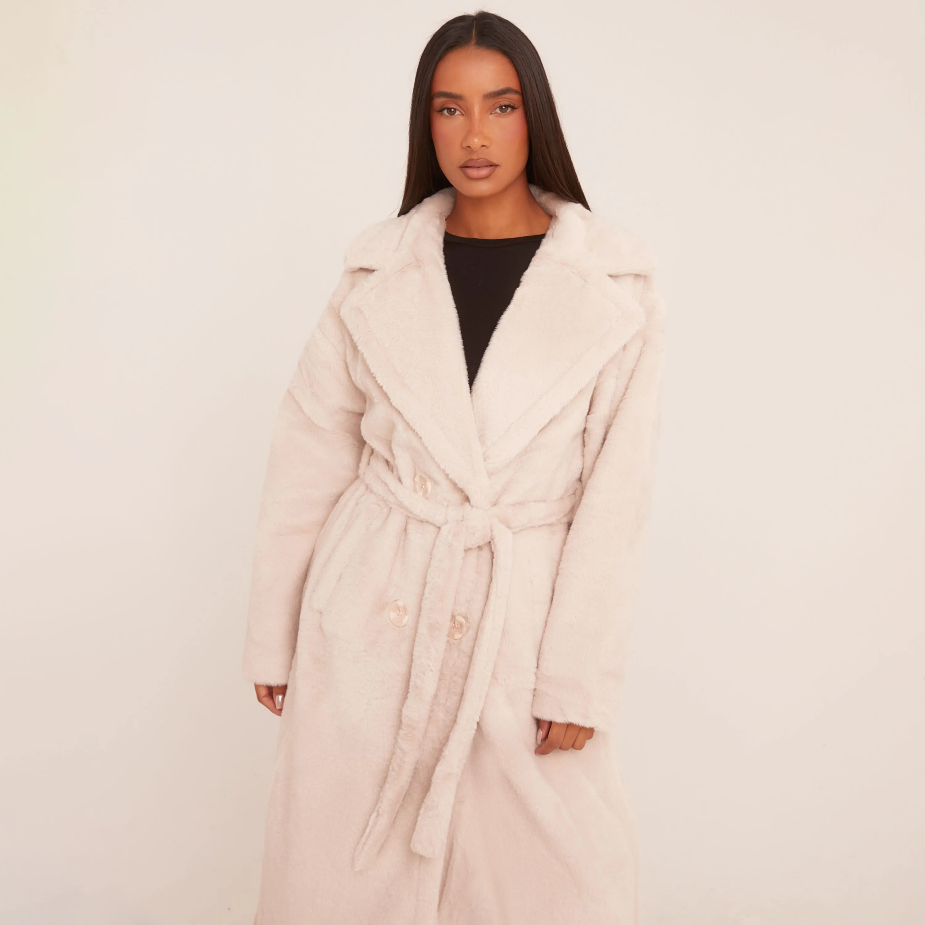 Belted Waist Maxi Coat In Cream Faux Fur