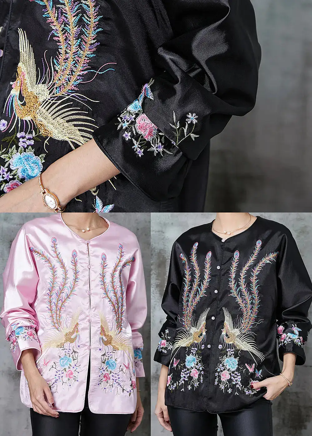 Black Chinese Style Silk Coat Embroidered Spring JK1058