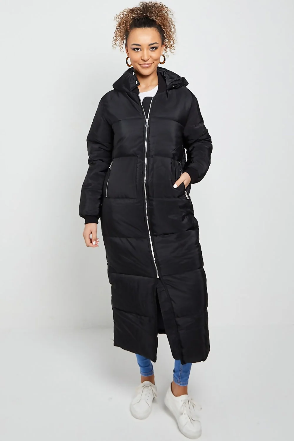 Black Longline With Hood Maxi Puffer Coat