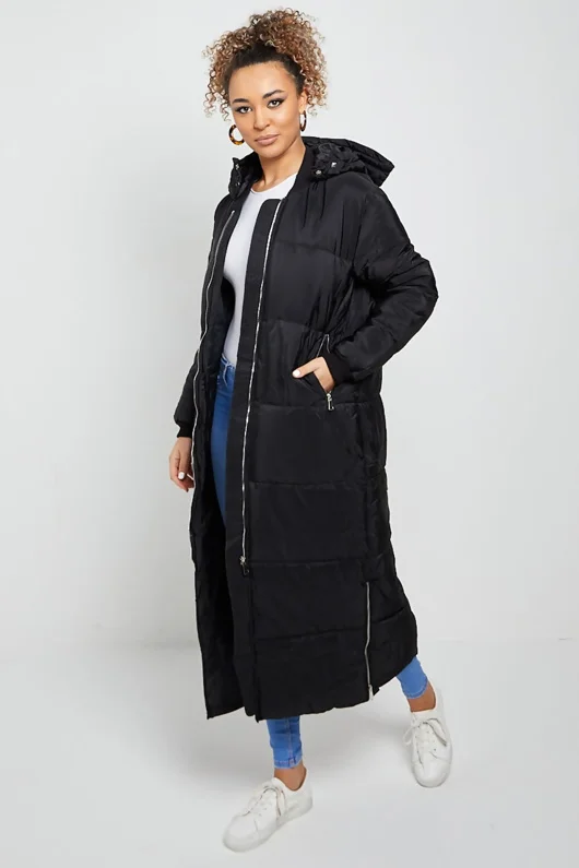 Black Longline With Hood Maxi Puffer Coat