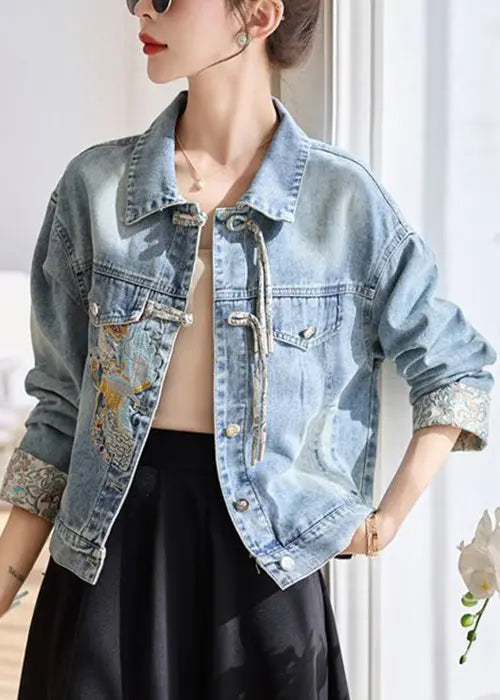 Blue Button Patchwork Denim Coats Peter Pan Collar Spring CG1012