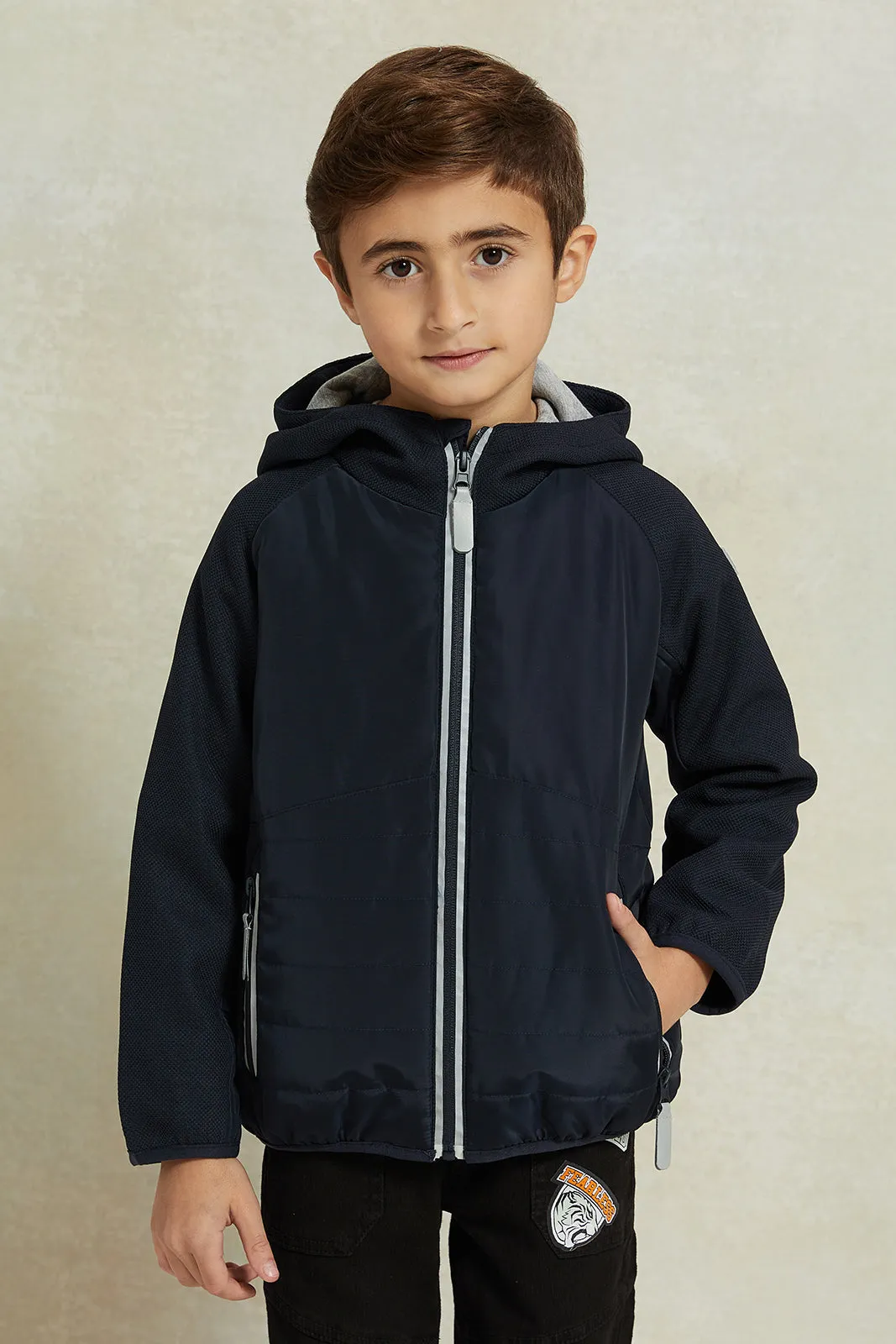 Boys Black Nylon Zip Thru Hooded Jacket