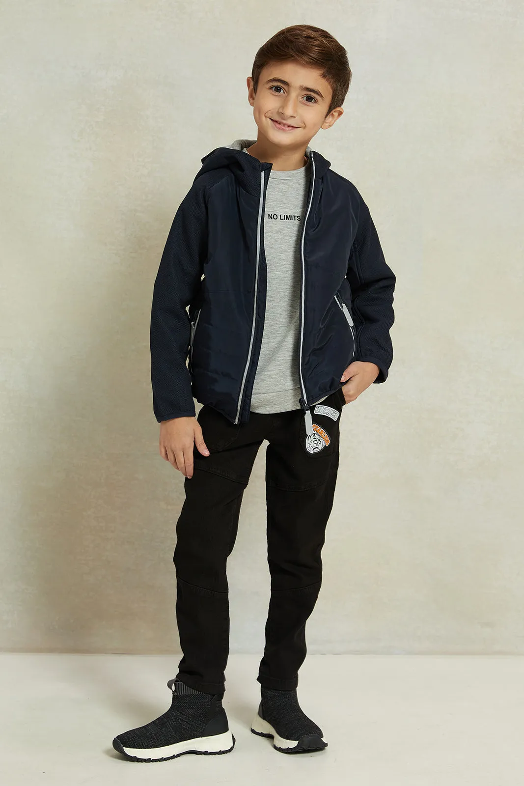 Boys Black Nylon Zip Thru Hooded Jacket