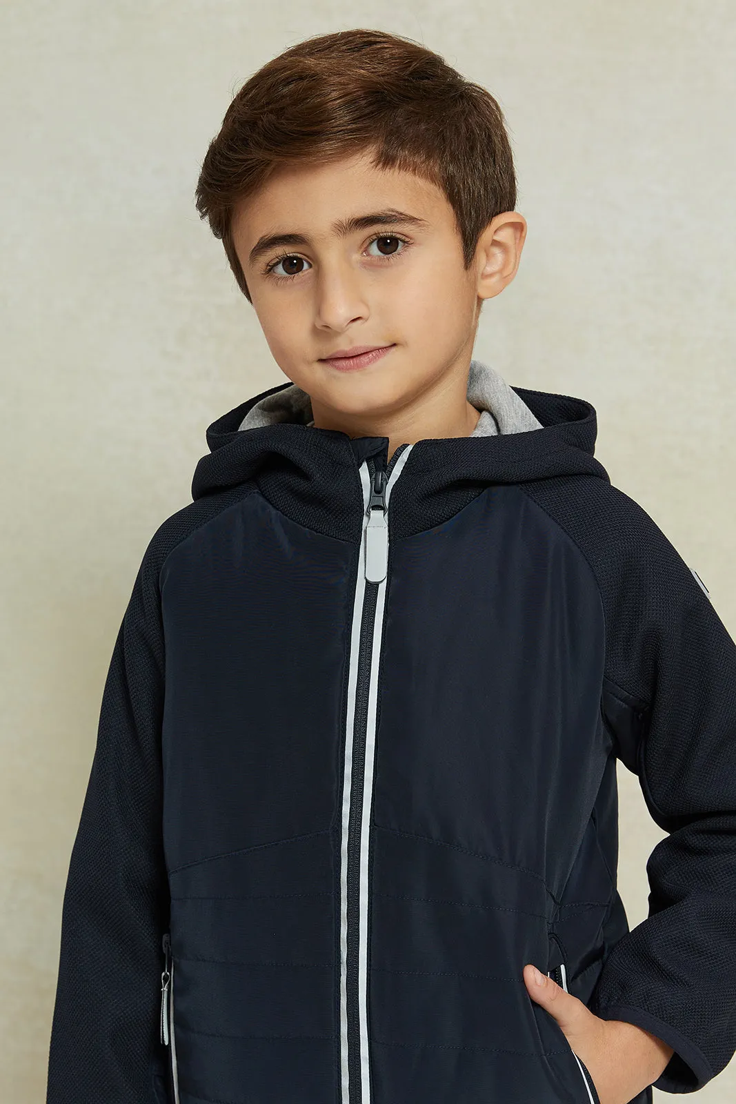 Boys Black Nylon Zip Thru Hooded Jacket