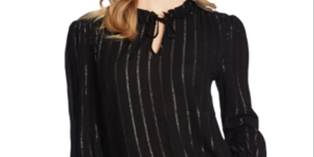 CeCe Women's Metallic Stripe Long Sleeve Blouse Black Size X-Large