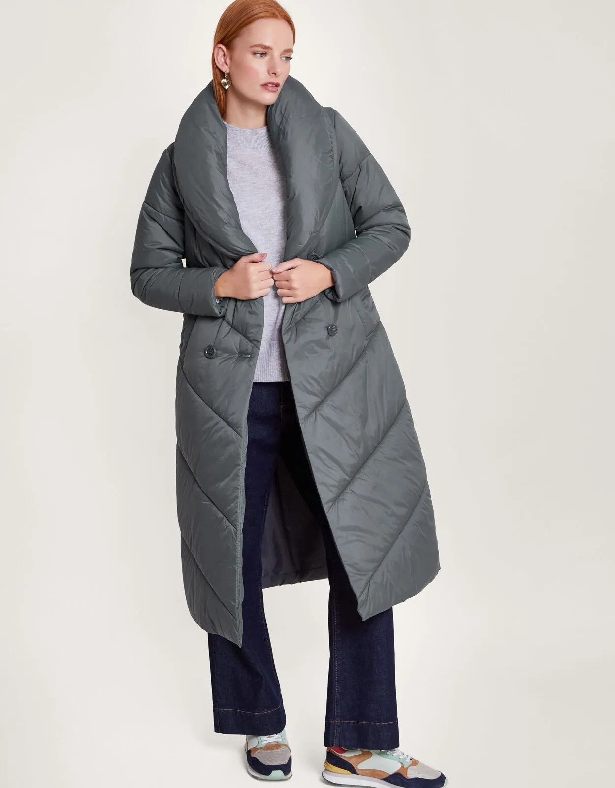 Clara Longline Padded Maxi Coat in Recycled Polyester Grey