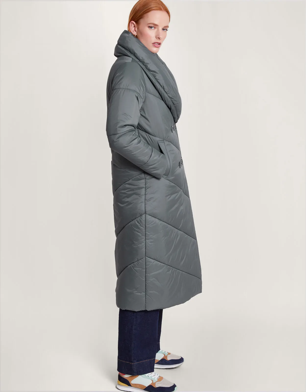 Clara Longline Padded Maxi Coat in Recycled Polyester Grey