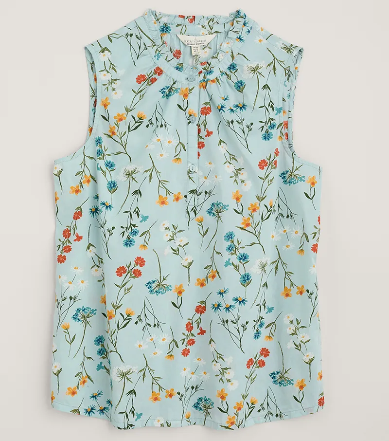 Cotton A-line Sleeveless Floral Blouse