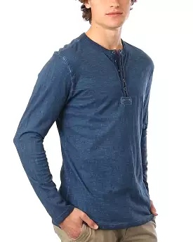 Deep Blue Long Sleeve Oil Wash Vintage Button Henley