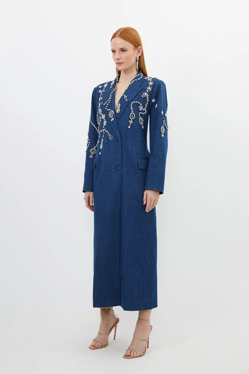 Embellished Denim Double Breasted Maxi Coat | Karen Millen