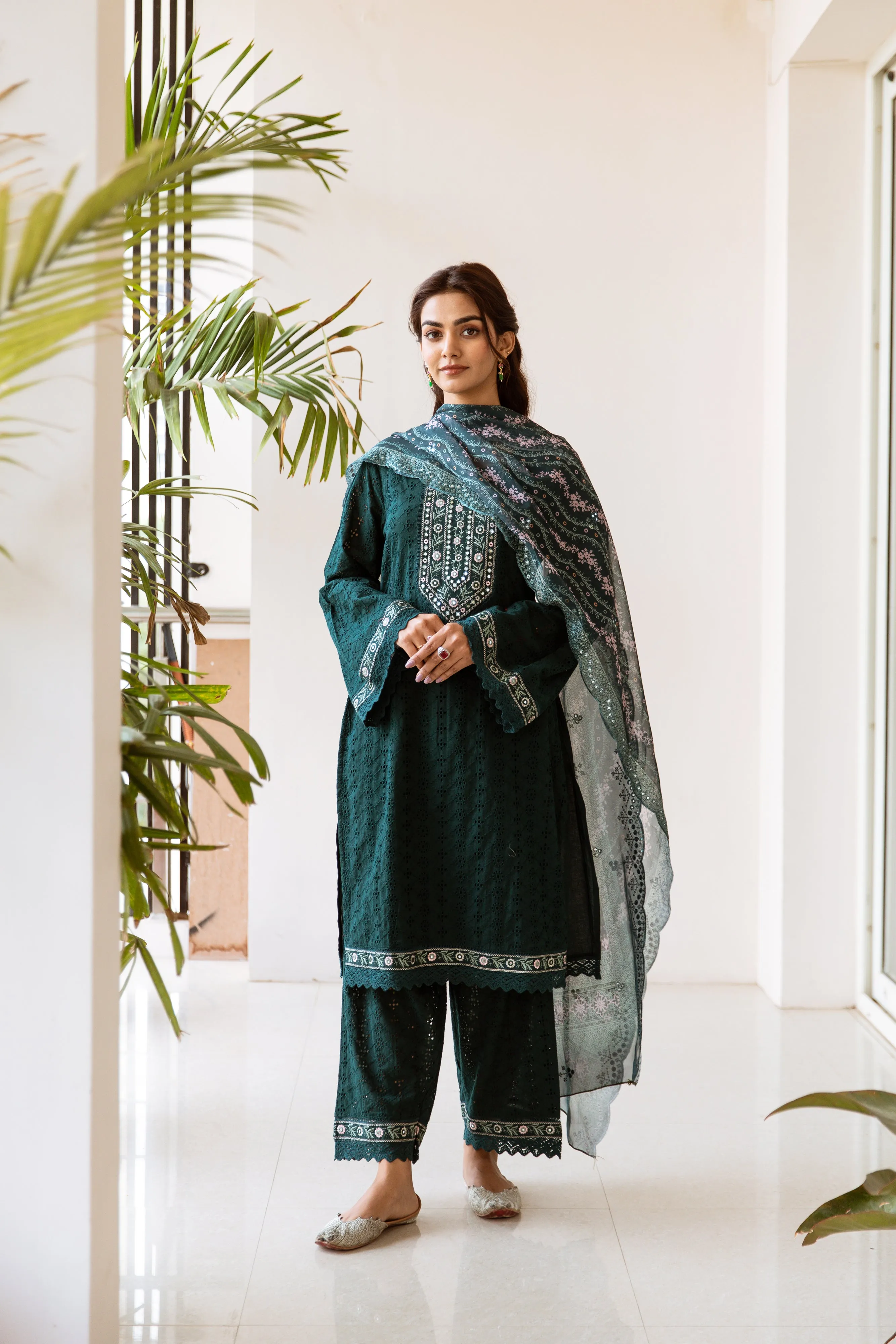 Embellished Yoke Cotton Schiffli Kurta with Lace Hemlined Pants & Art Silk Dupatta