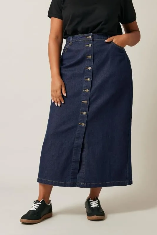 EVANS Curve Indigo Blue Button Through Denim Maxi Skirt