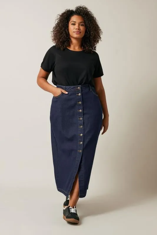 EVANS Curve Indigo Blue Button Through Denim Maxi Skirt