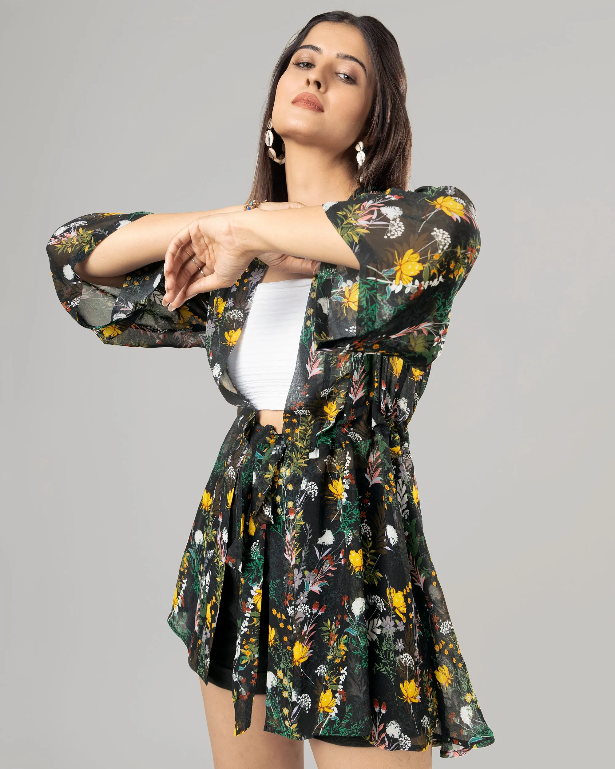 Exclusive Beautiful Floral Tie Belt Shrug For Women