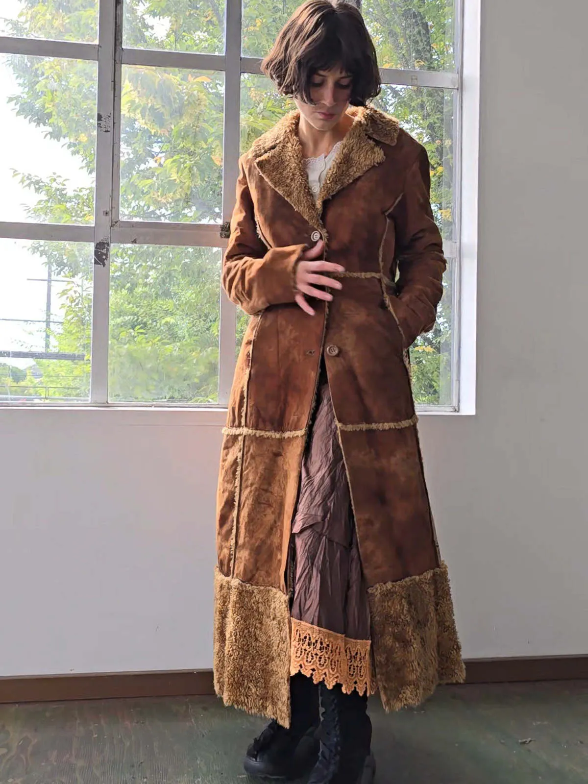 Faux Shearling Maxi Coat - Dark Brown