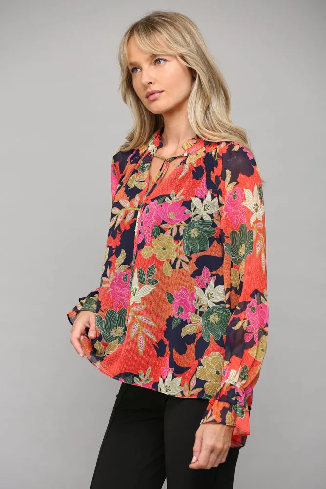 Floral Print Ruffle Neck Blouse