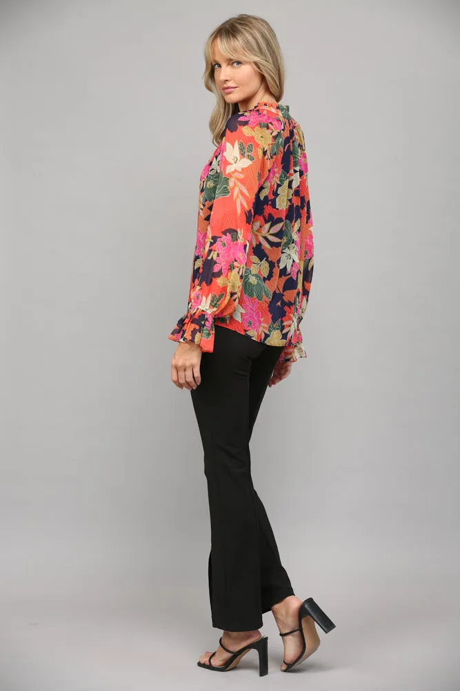 Floral Print Ruffle Neck Blouse