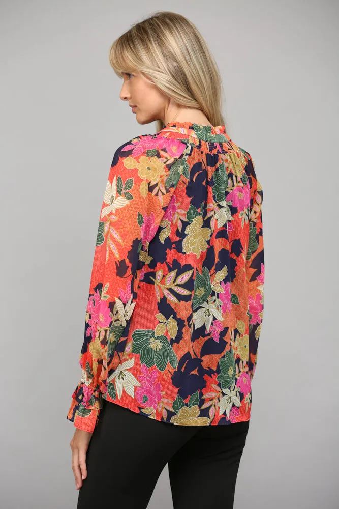 Floral Print Ruffle Neck Blouse