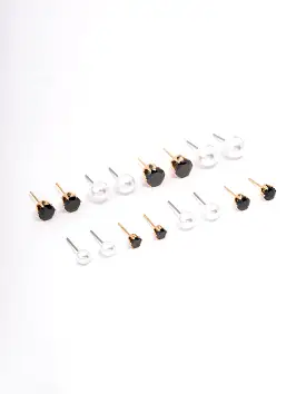 Gold Black Crystal & Pearl Stud Earring 8-Pack