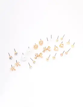 Gold Bow Pearl & Heart Earring 12-Pack