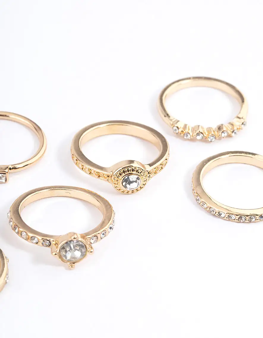 Gold Crystal Halo Diamante Ring 8-Pack