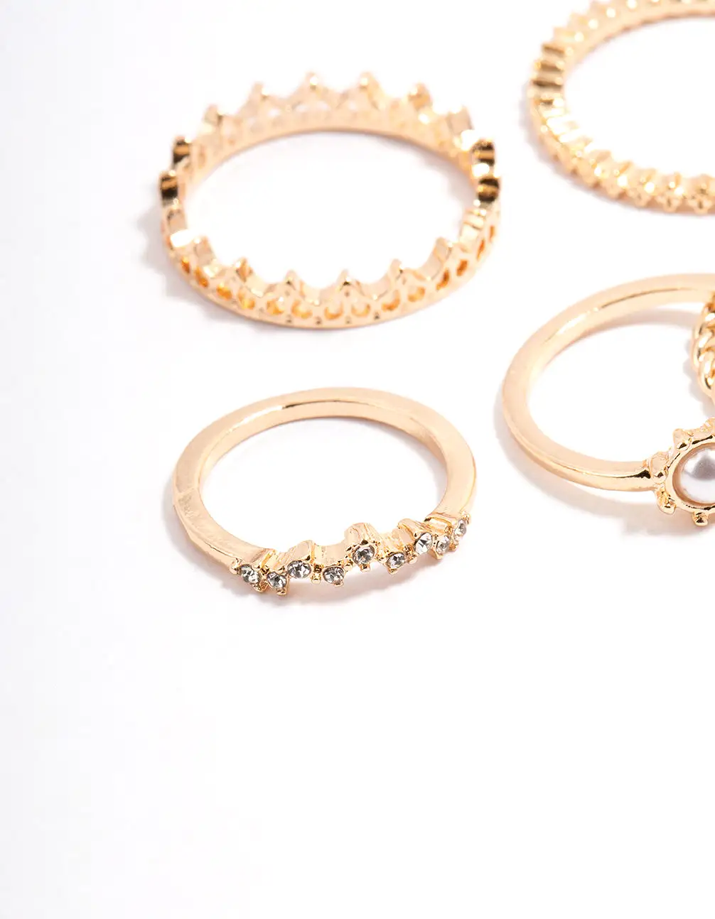 Gold Diamante & Pearl Crown Ring Pack