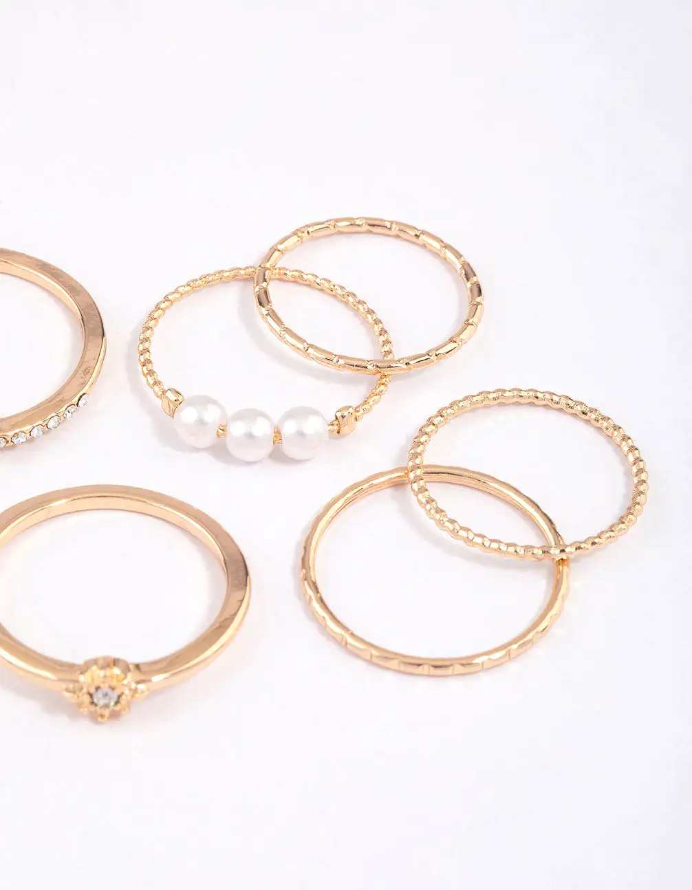 Gold Fine Diamante Cut Pearl Ring Pack