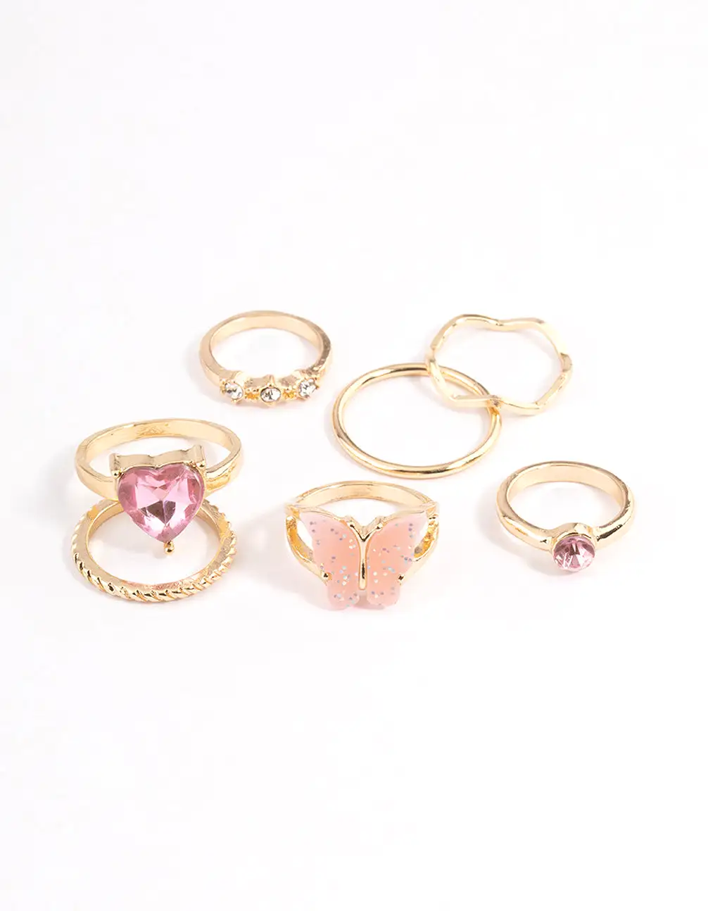 Gold Heart & Butterfly Ring 7-Pack