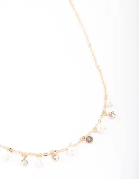 Gold Pearl & Diamante Droplet Chain Necklace