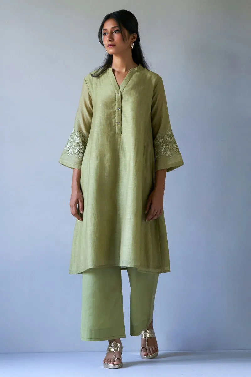 Green Sand Silk Embroidered Sleeve Kurta With Cotton Bottom