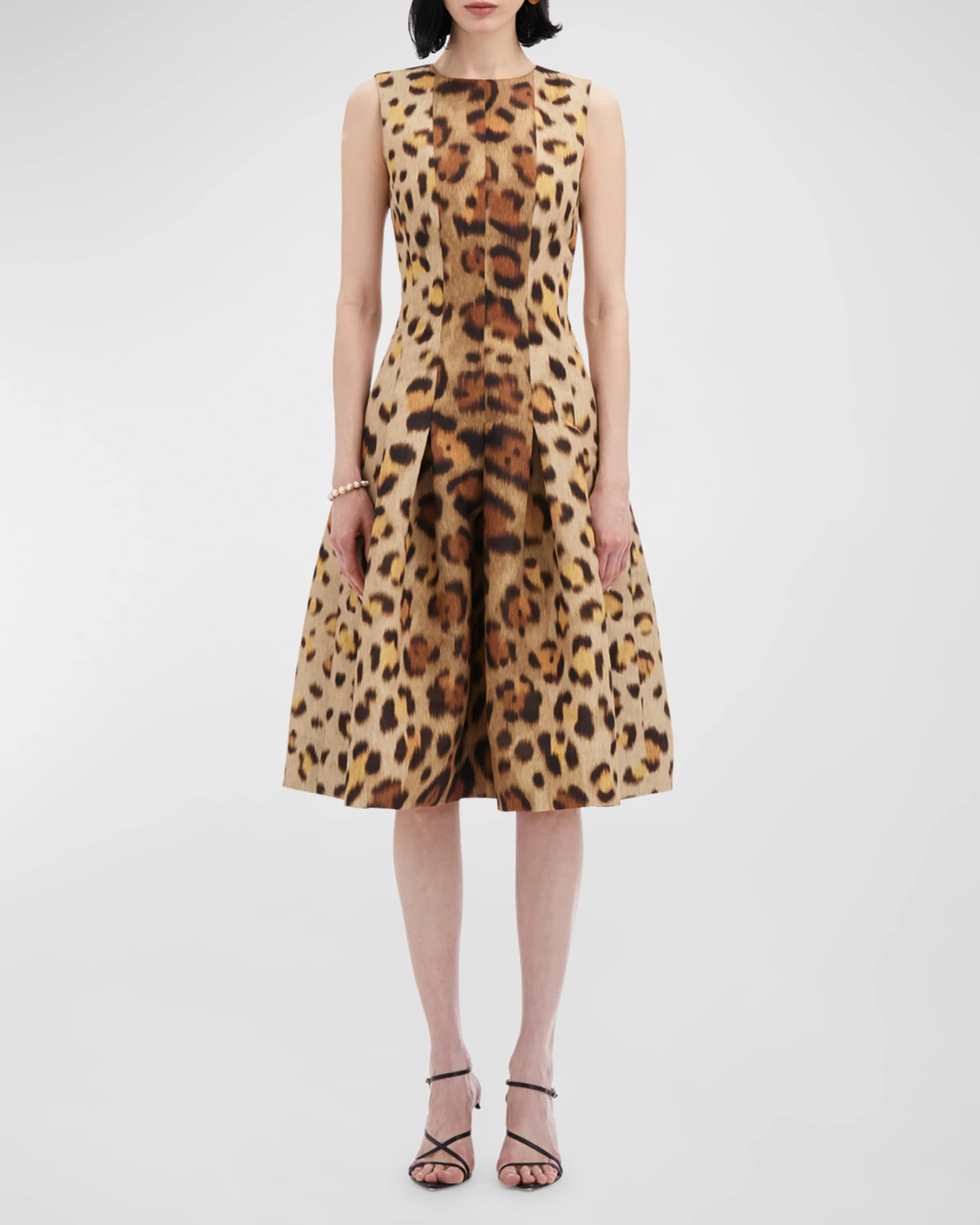 Jewel-Neck Sleeveless Pleated Jaguar Faille Dress