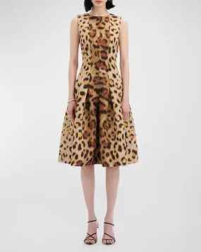 Jewel-Neck Sleeveless Pleated Jaguar Faille Dress