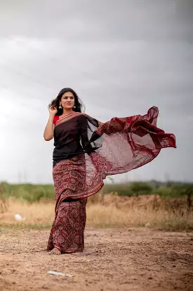 Jharokha - Red & black red striped silk cotton Ajrakh handblockprinted saree