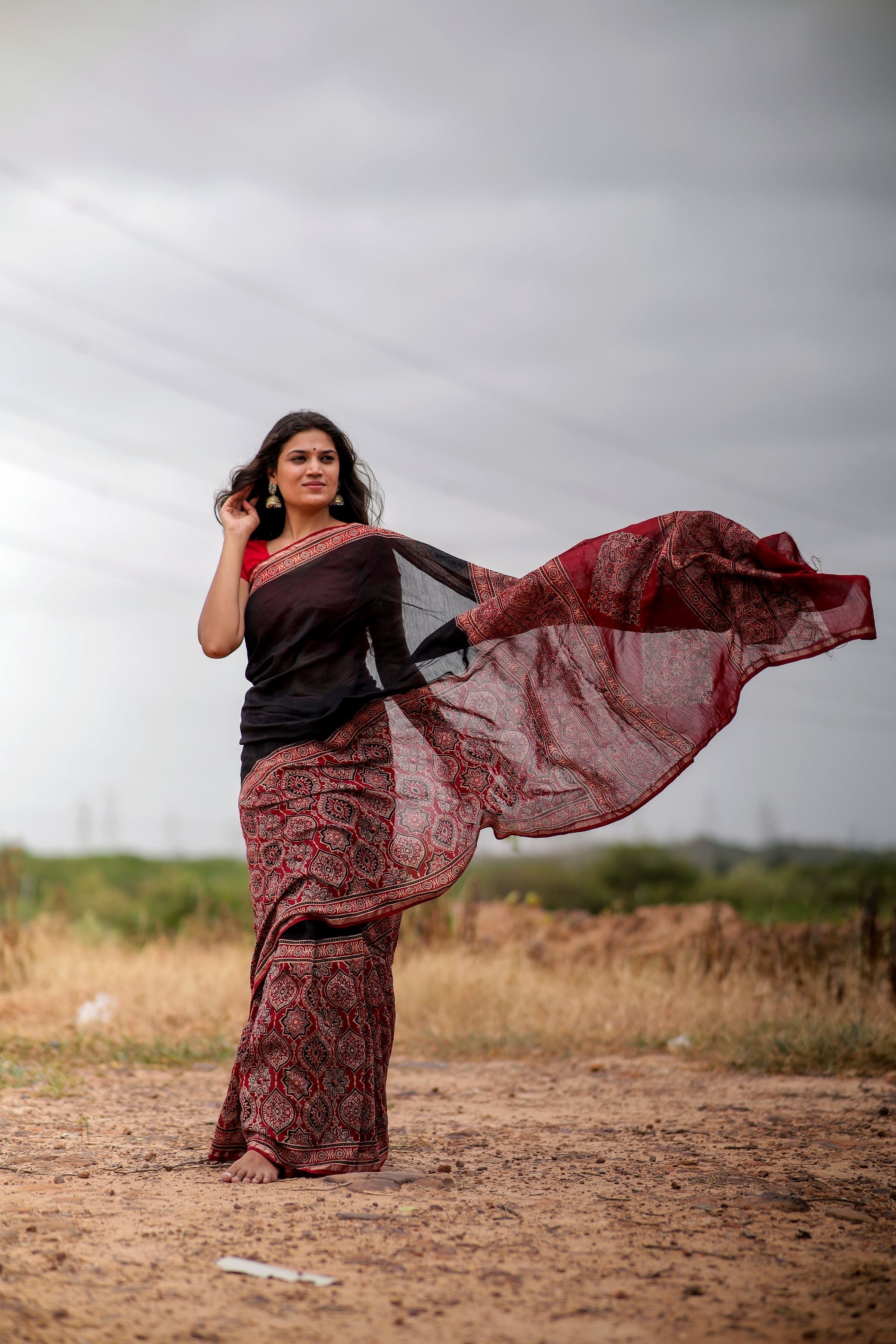 Jharokha - Red & black red striped silk cotton Ajrakh handblockprinted saree