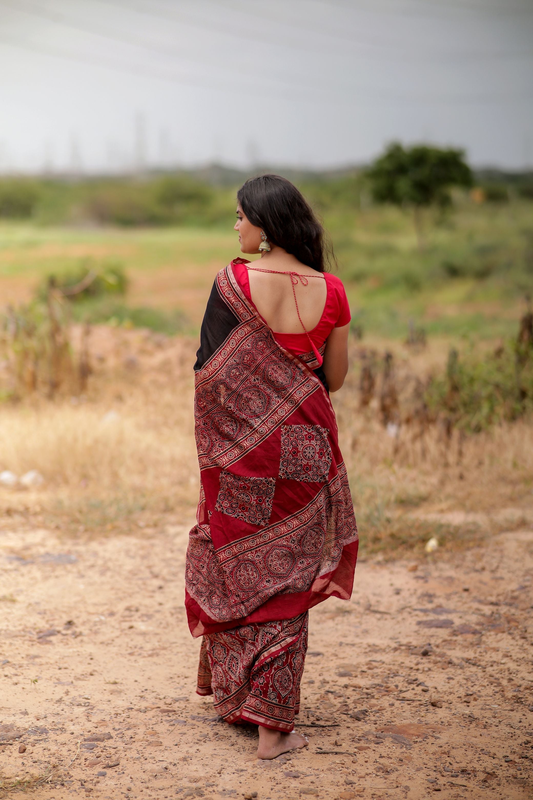 Jharokha - Red & black red striped silk cotton Ajrakh handblockprinted saree