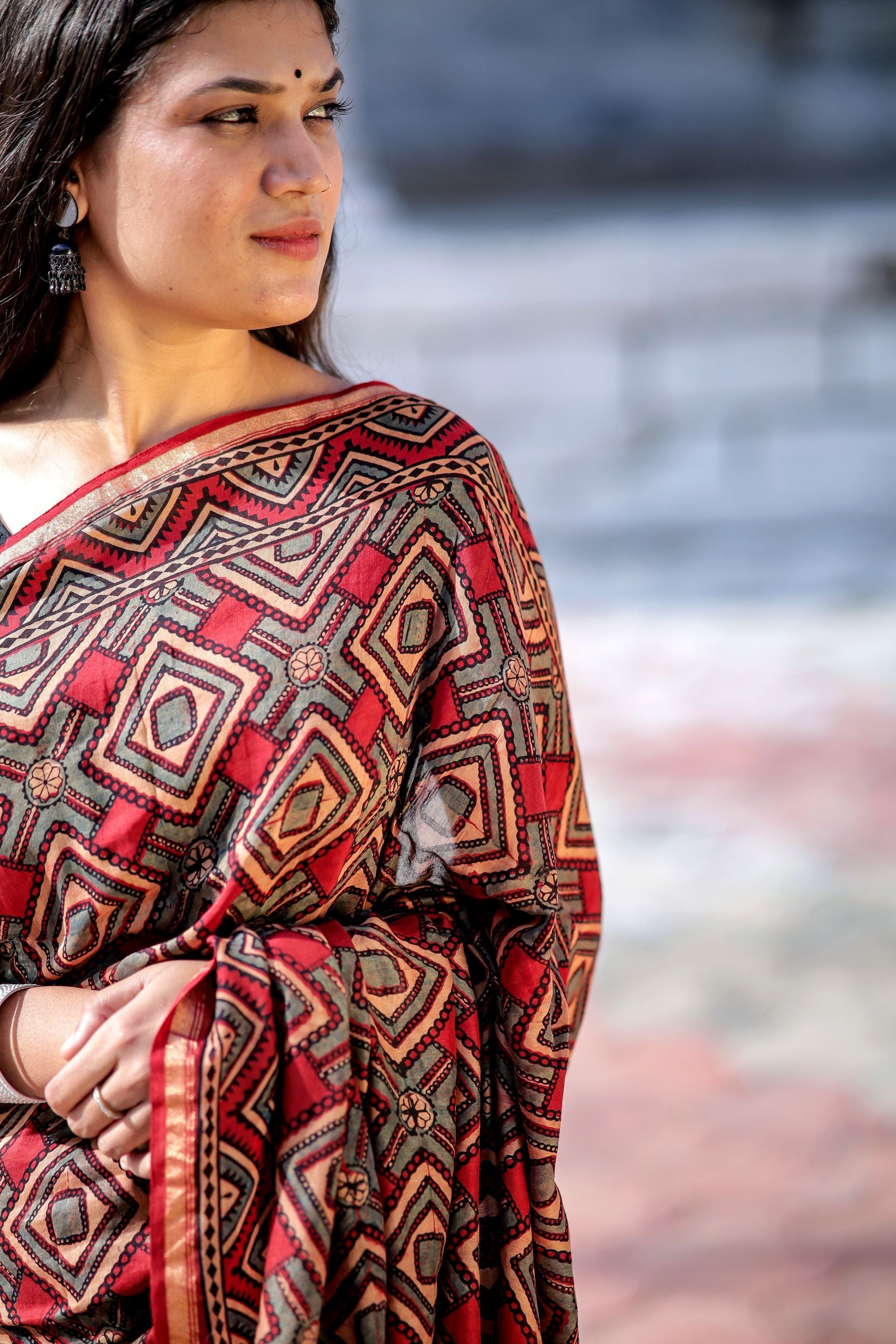 Jharokha - Red and black triangle red striped silk cotton Ajrakh handblockprinted saree